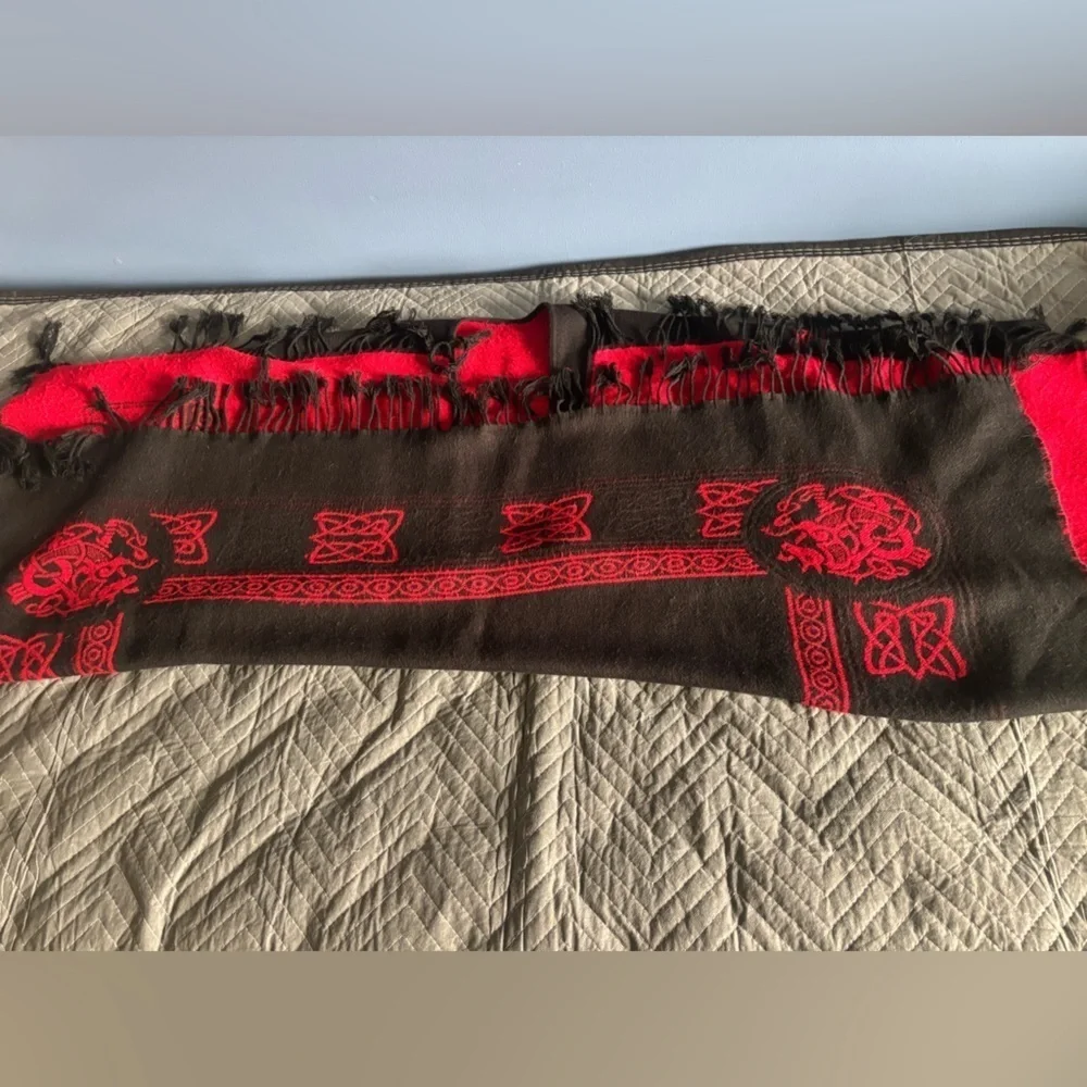 Red & Black Poncho Like Shawl. Reversible. Star dragon print.